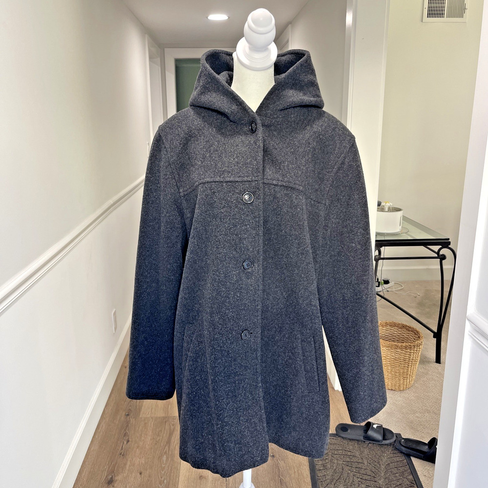 J Percy Women XL Merino Wool Hooded Peacoat Lined Pockets Vintage Sporty Classic